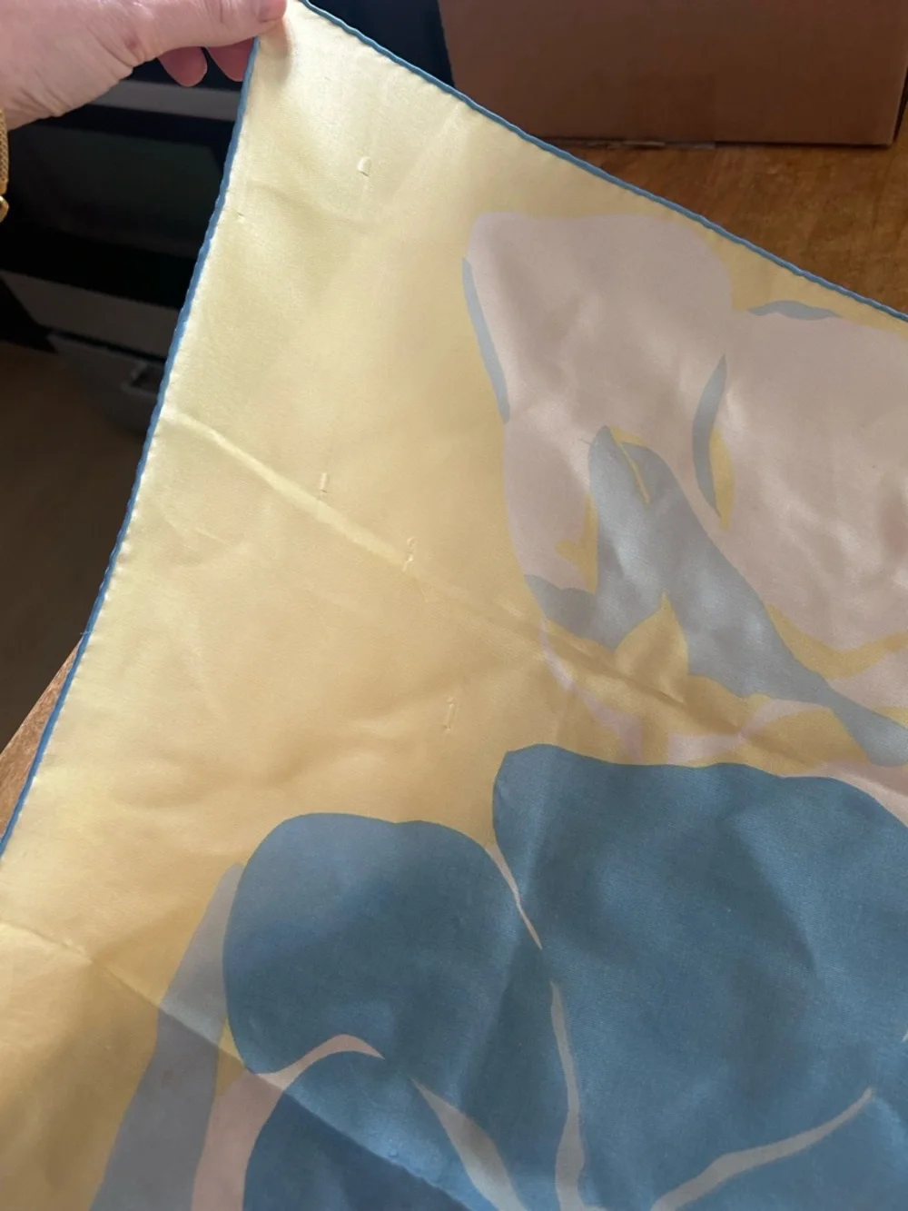 Vintage Pastel Blue and Yellow Silk Scarf *flawed*
